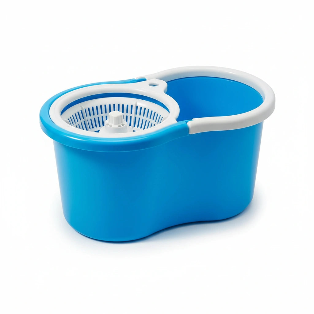 Spin Floor Cleaning Bucket Mop Set – PVC Bucket with Plastic Spinner & 2 Microfiber Heads