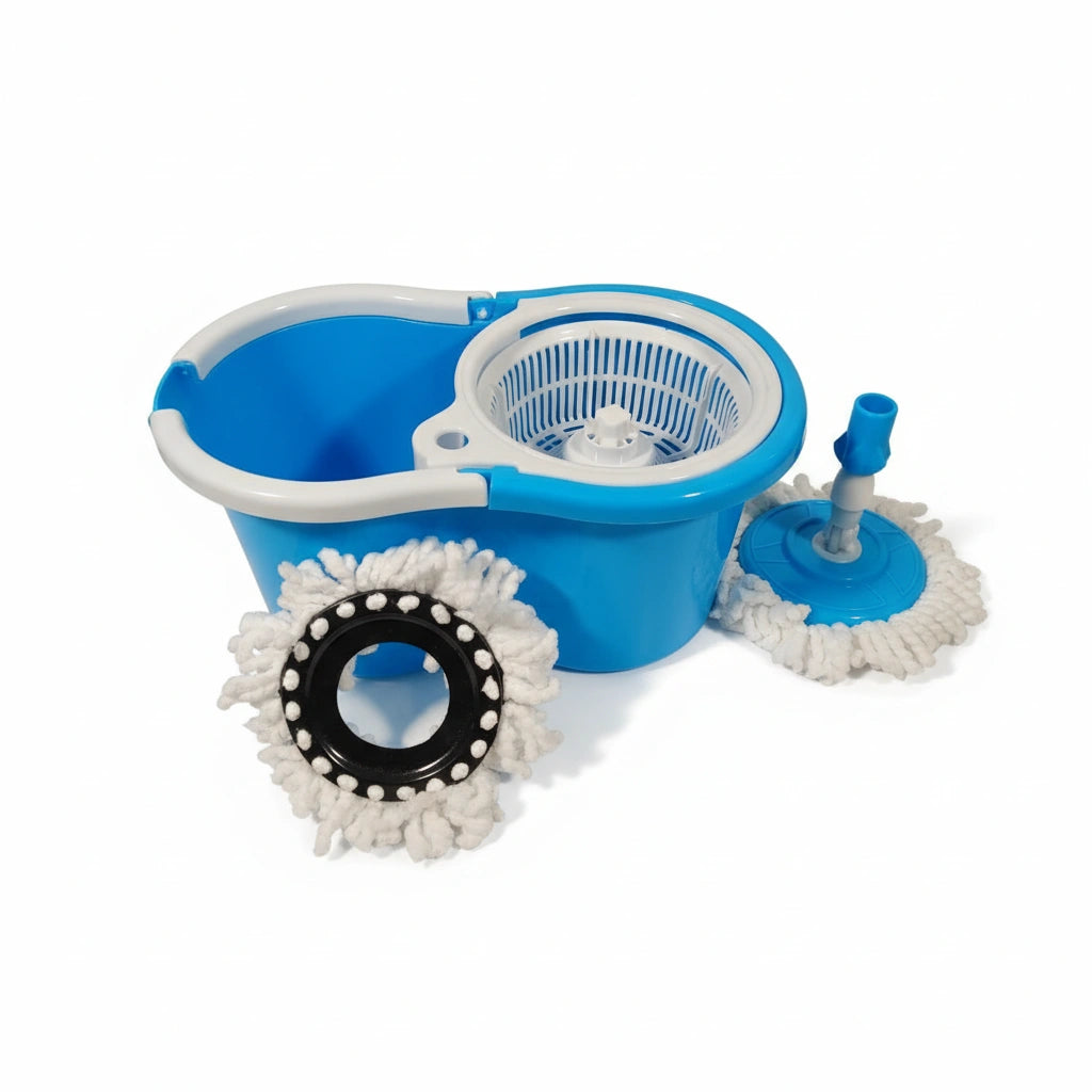 Spin Floor Cleaning Bucket Mop Set – PVC Bucket with Plastic Spinner & 2 Microfiber Heads