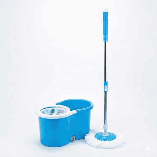 Spin Floor Cleaning Bucket Mop Set – PVC Bucket with Plastic Spinner & 2 Microfiber Heads